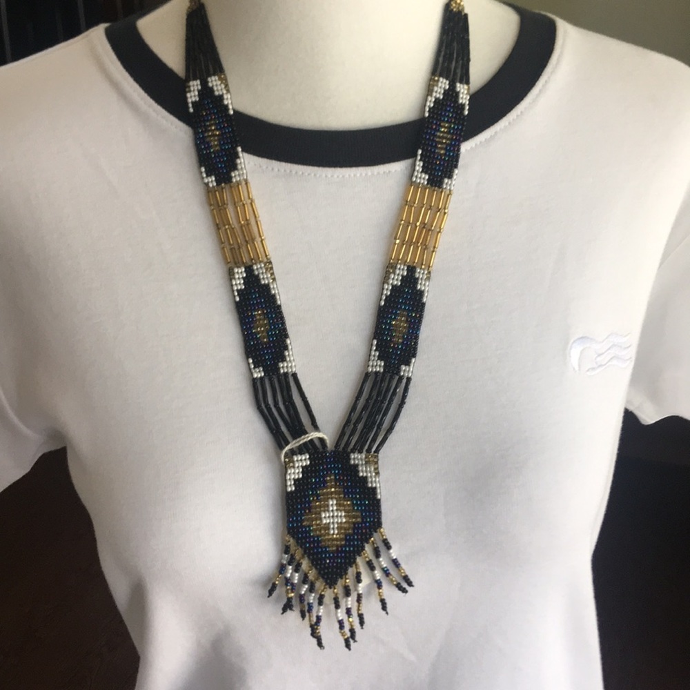 NWT Beaded Gold, Black, Blue. White Necklace.